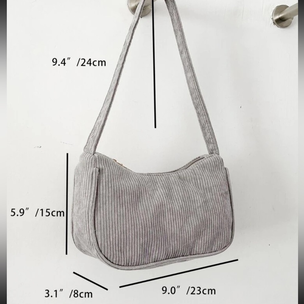 Corduroy Shoulder Bag in Light Grey | Gray Crescent Moon Everyday Purse NWT - Picture 4 of 6
